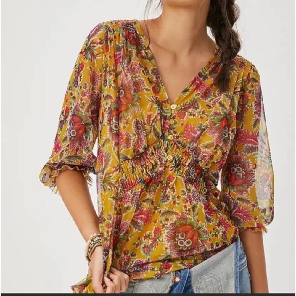 Anthropologie Gretchen Smocked V Neck Tunic Top Fall Mustard Floral Boho Peasant